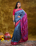 Bomkai Silk Saree — Blue with Pink Border & Pallu, 100% Pure Silk