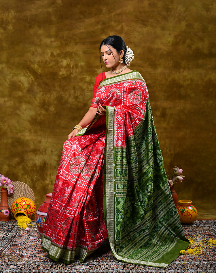 Bandha Silk Saree — Red with Green Border & Pallu, 100% Pure Silk