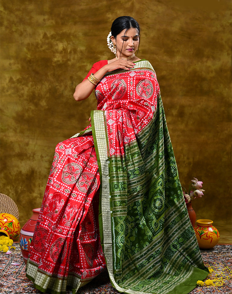 Bandha Silk Saree — Red with Green Border & Pallu, 100% Pure Silk