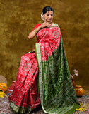 Bandha Silk Saree — Red with Green Border & Pallu, 100% Pure Silk