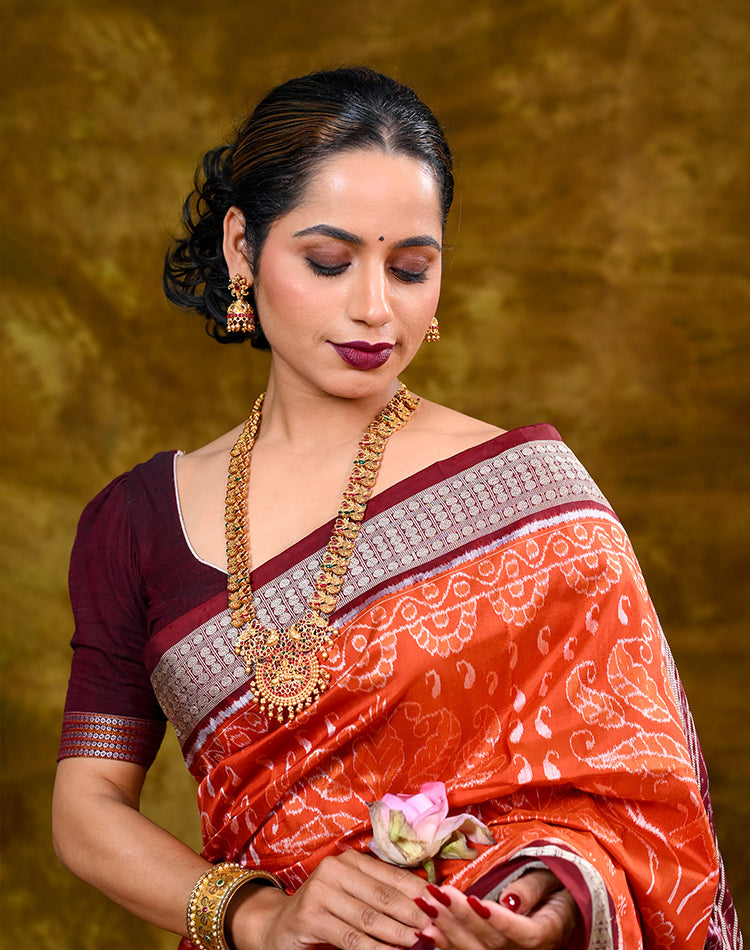 Handwoven Bandha Silk Saree — Orange‑Red with Maroon Border & Pallu, 100% Pure Silk