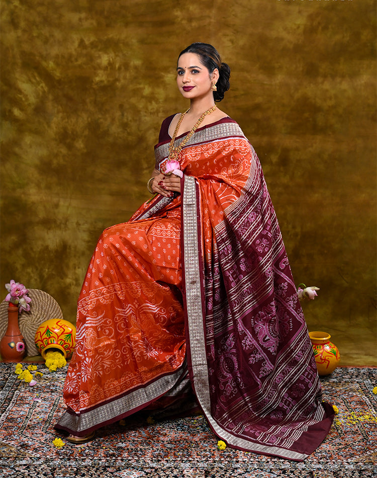 Handwoven Bandha Silk Saree — Orange‑Red with Maroon Border & Pallu, 100% Pure Silk